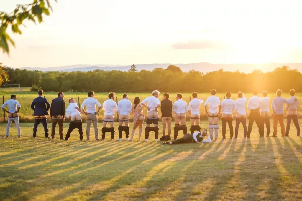 Photo de groupe des invités au coucher du soleil lors d’un mariage dans la Drôme